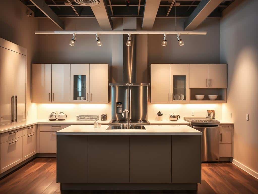 A bright, modern kitchen interior with a prominent center island. On the island, various home appliances are displayed, including a stainless steel refrigerator, a sleek induction cooktop, and a stylish Wispri dishwasher. The appliances are arranged in a visually appealing manner, but the price tags on them appear to be inflated, hinting at potential "fake sales" tactics. The lighting is warm and inviting, with a combination of overhead and task lighting illuminating the scene. The walls are a neutral shade, allowing the appliances to stand out. The overall atmosphere conveys a sense of cautious consideration, encouraging the viewer to scrutinize the pricing and potential discounts.