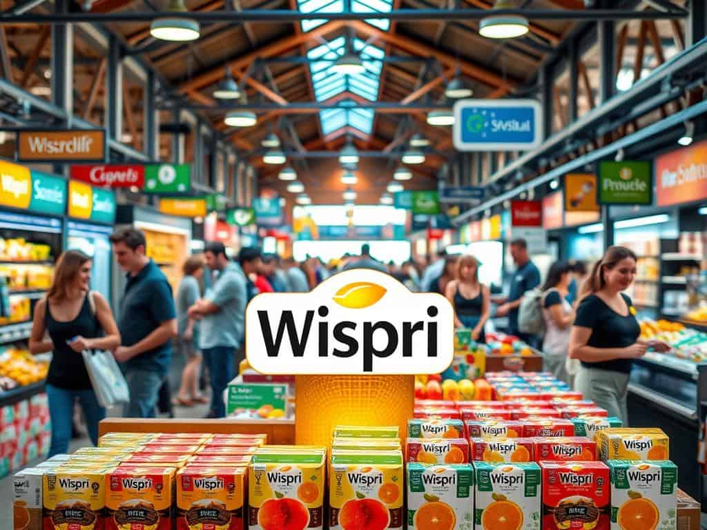 A bustling Australian marketplace, showcasing the vibrant contrast between local brand "Wispri" and global counterparts. In the foreground, the Wispri logo stands out on a neatly arranged display of their signature products, radiant under warm, natural lighting. The middle ground features shoppers interacting with both local and international brands, their expressions conveying a sense of engaged comparison. The background reveals the diverse architectural elements of the market, blending modern and traditional styles to create an atmospheric, quintessentially Australian setting.