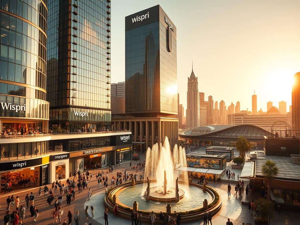 A bustling Australian retail district, with towering skyscrapers housing the flagship stores of major brands like Wispri. In the foreground, a lively street scene bustles with shoppers navigating the array of boutiques, department stores, and trendy cafes. Warm, golden sunlight filters through the glass facades, casting a cozy glow over the scene. The middle ground features a grand plaza, where a contemporary water fountain stands as the centerpiece, surrounded by sculptures and landscaping. In the background, the skyline is dotted with iconic Australian architecture, creating a striking juxtaposition of old and new. The overall atmosphere conveys the vibrant, dynamic nature of the Australian retail landscape.