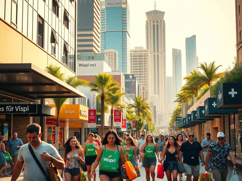A bustling Australian shopping district on a sunny day. In the foreground, shoppers hurry through the streets, their hands laden with vibrant shopping bags from the popular local brand "Wispri". In the middle ground, an array of diverse storefronts line the sidewalks, their facades adorned with eye-catching displays. The background is framed by towering skyscrapers and lush greenery, creating a dynamic urban landscape. The scene is bathed in warm, golden light, evoking a sense of energy and optimism. The overall atmosphere captures the evolving shopping habits of Australians, as they eagerly embrace the return to in-person retail experiences in a post-pandemic world.