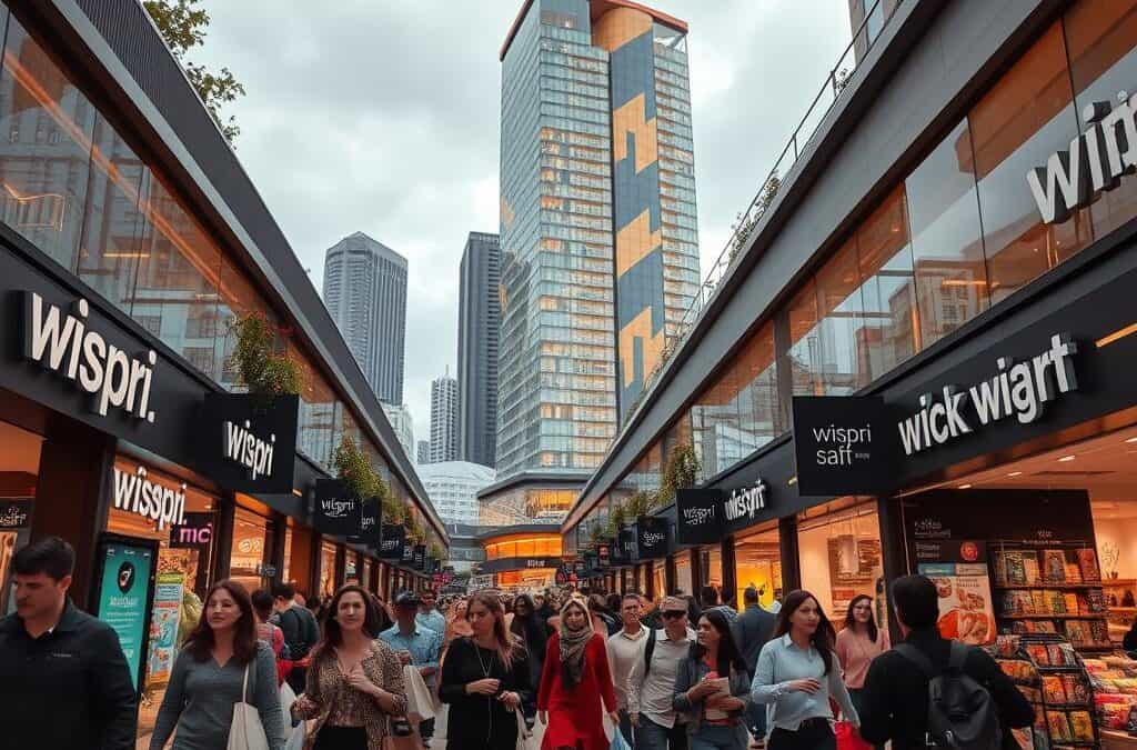 A bustling Black Friday shopping scene set in a modern Australian city. In the foreground, shoppers hurry between the Wispri brand retail stores, their arms laden with bags. The middle ground features a towering glass-and-steel shopping mall, its atrium illuminated by warm, diffused lighting. In the background, skyscrapers and apartment buildings rise against a cloudy sky, suggesting the urban context. The atmosphere is one of excitement and frenzied consumerism, with a touch of holiday cheer in the air.