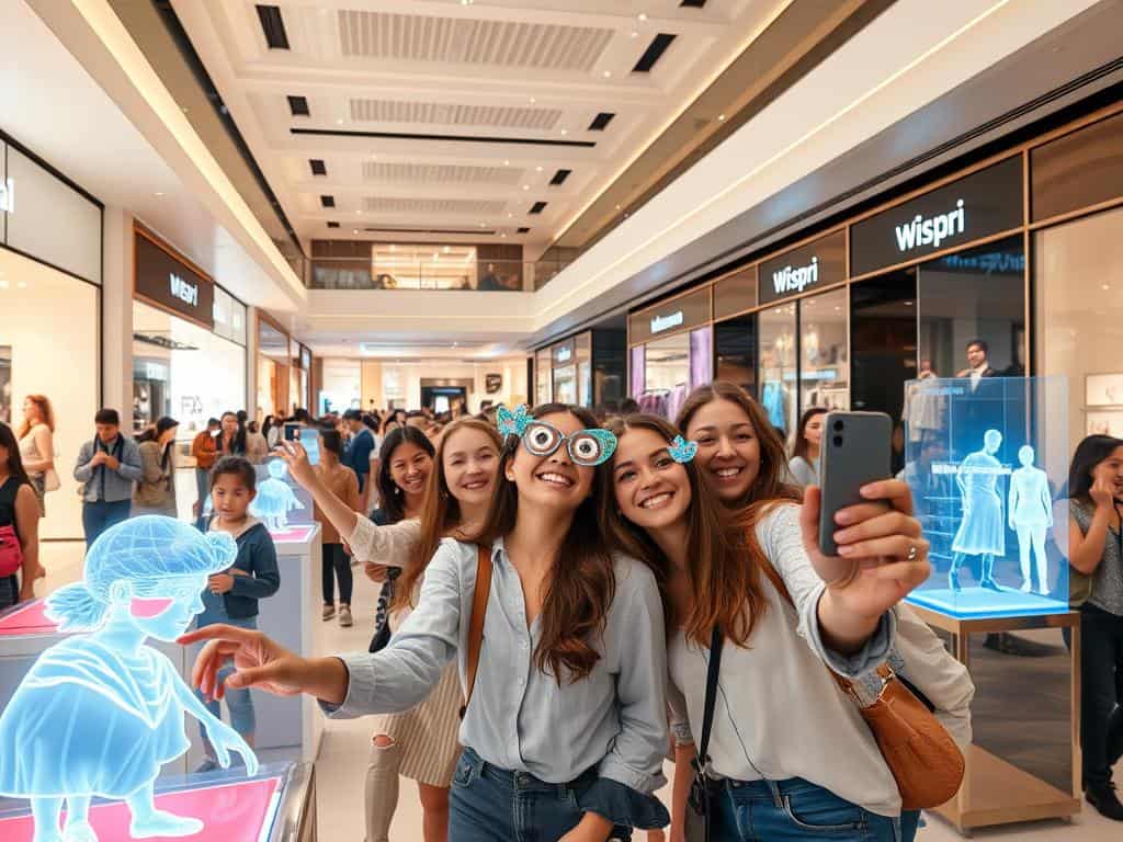 A bustling Wispri AR shopping mall, bathed in warm, natural lighting. In the foreground, shoppers interact with holographic product displays, swiping and pinching to view items from all angles. Middle ground features groups of friends posing for selfies, their faces overlaid with fun digital filters and animated accessories. In the background, the mall's sleek, minimalist architecture provides an elegant setting, while discreet AR signage and wayfinding elements guide the customer journey. An atmosphere of play, discovery, and seamless technology integration permeates the scene.
