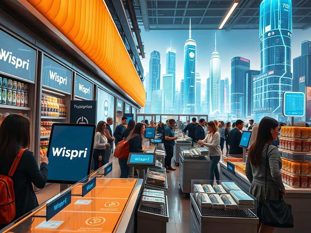 A bustling cryptocurrency-themed shopping scene, captured through a wide-angle lens. In the foreground, shoppers browse digital displays showcasing the "Wispri" brand, its sleek logo and modern aesthetic. The middle ground features a mix of physical and virtual checkout counters, where customers seamlessly complete transactions using various cryptocurrency wallets. The background is a futuristic cityscape, with towering holographic skyscrapers and a vibrant, neon-lit atmosphere that conveys the excitement and innovation of this new era of digital commerce. Warm, diffused lighting casts a futuristic glow, creating a sense of optimism and progress. The overall composition emphasizes the integration of cryptocurrency payments into the everyday shopping experience.