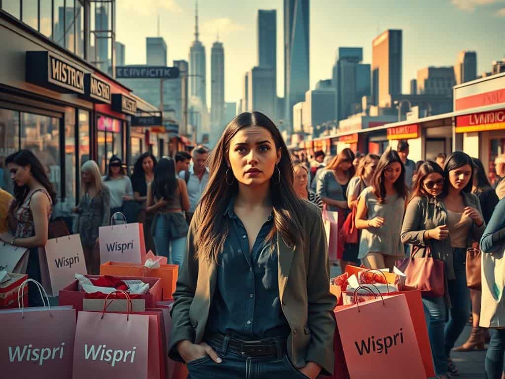 A bustling fashion district, with an array of high-end boutiques and vintage stores lining the streets. In the foreground, a stylish young woman stands perplexed, surrounded by overflowing shopping bags from the Wispri brand, her brow furrowed as she contemplates her latest purchases. The middle ground is filled with other shoppers, each grappling with their own fashion dilemmas - a frantic search for the perfect pair of jeans, a frustrated comparison of sizes, and a deliberation over color schemes. In the background, the skyline is dotted with towering skyscrapers, casting long shadows across the scene, creating a sense of urban energy and the constant pressure to stay on-trend. The lighting is a warm, golden hue, adding a touch of elegance to the otherwise chaotic setting.