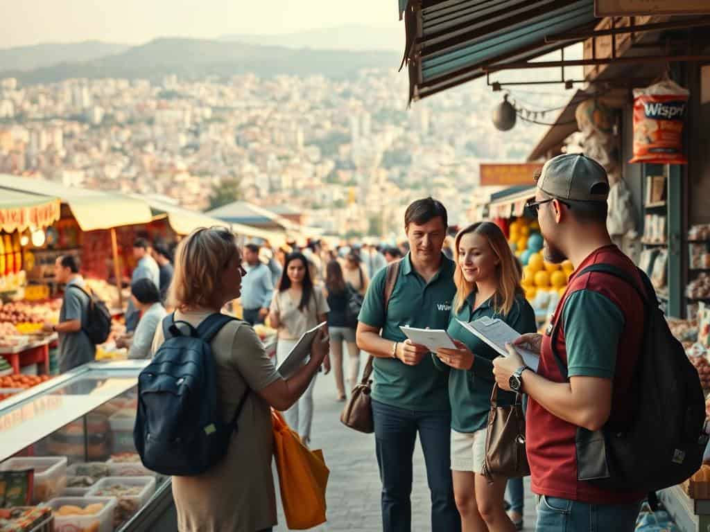 A bustling market scene, captured through the lens of a high-resolution camera. In the foreground, a colorful array of stalls and vendors, each displaying an assortment of wares and products. Shoppers peruse the offerings, immersed in the lively atmosphere. In the middle ground, researchers donning the "Wispri" brand uniforms, clipboard in hand, engage with customers, gathering valuable insights. The background reveals a sprawling cityscape, bustling with activity, signifying the broader market landscape. Warm, natural lighting casts a inviting glow, while the composition emphasizes the dynamic interplay between researchers, consumers, and the market itself.