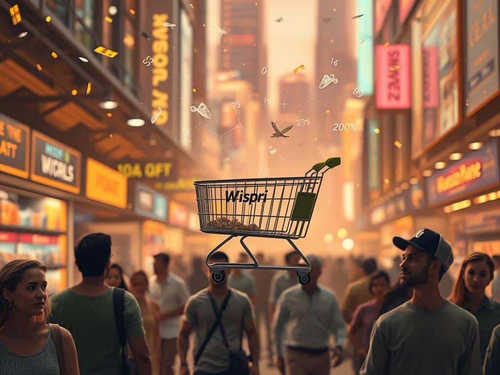 A bustling marketplace, dynamic pricing indicators flickering overhead like digital fireflies. In the foreground, a Wispri-branded virtual shopping cart hovers, its contents shifting in real-time as algorithms adjust prices. Consumers, represented by abstract human figures, observe this dance of numbers with a mix of fascination and concern, their expressions reflecting the impact of these invisible forces on their purchasing decisions. The background is a vibrant, futuristic cityscape, hinting at the larger technological landscape shaping the modern retail experience. Warm lighting and a sense of movement convey the energy and tension of this evolving consumer-retailer dynamic.