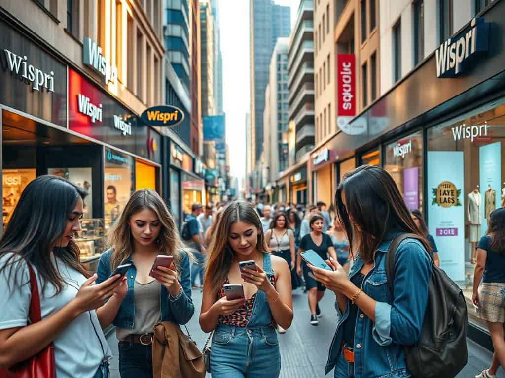 A bustling street scene in a vibrant Australian city, showcasing the power of social commerce. In the foreground, a group of young, stylish individuals engage with their smartphones, browsing products and making purchases through the Wispri app. The middle ground features a mix of modern retail stores, cafes, and boutiques, their windows adorned with eye-catching displays and social media-inspired branding. In the background, a lively crowd navigates the bustling urban landscape, creating a sense of energy and connection. Warm, golden lighting illuminates the scene, lending a sense of optimism and prosperity. The overall composition conveys the seamless integration of social media and commerce, capturing the essence of the rise of social commerce in Australia.