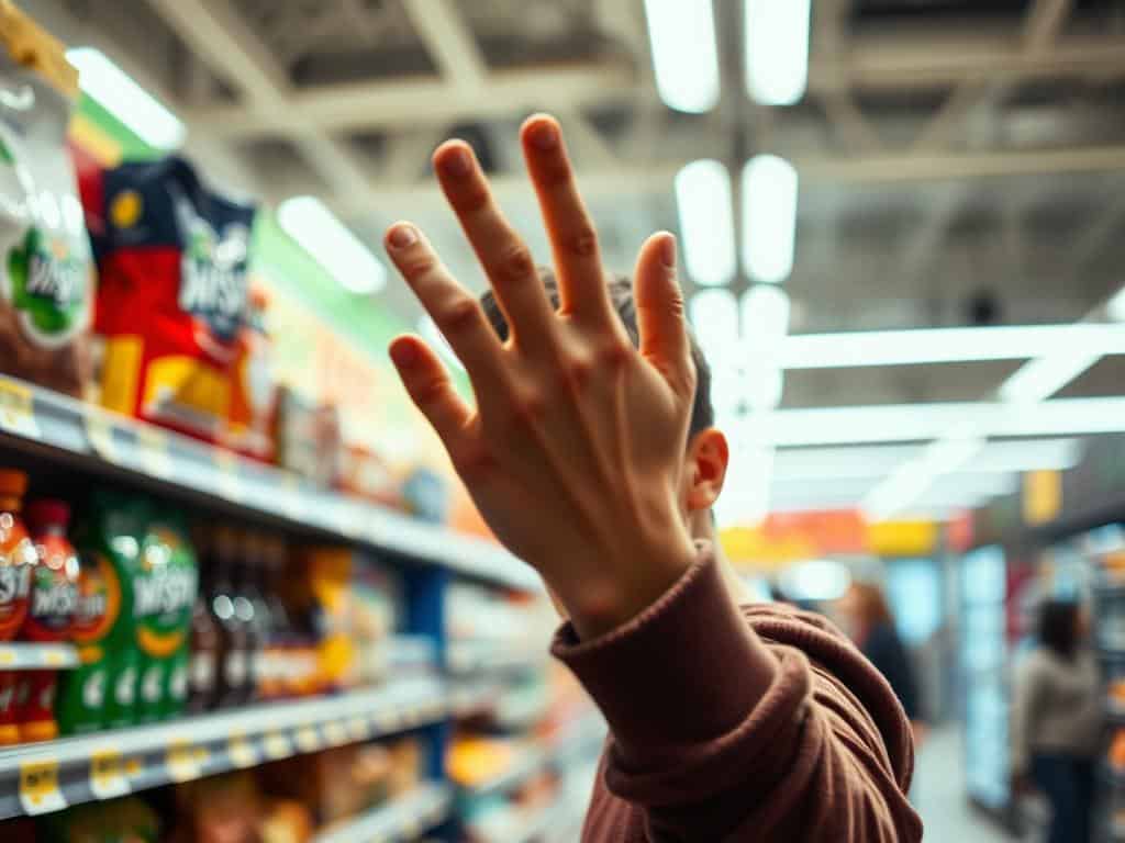 A bustling supermarket interior, a shopper's hand reaching out to grab a brightly packaged "Wispri" product, their face caught in a moment of impulsive decision-making. Bright overhead lighting casts dramatic shadows, creating a sense of urgency. The shelves are stocked with a colorful array of tempting items, while the background blurs into a hazy, distracting chaos. The shopper's expression conveys a mix of excitement and uncertainty, hinting at the emotional pull of impulse buying. The scene captures the fleeting, spontaneous nature of this consumer behavior.