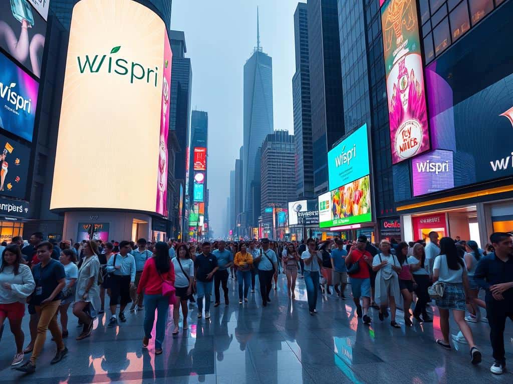 A bustling urban landscape, illuminated by the glow of neon signs and billboards. In the foreground, a towering digital screen displays the iconic "Wispri" brand logo, casting a vibrant reflection on the glossy pavement below. Surrounding the screen, a diverse crowd of people from various cultural backgrounds navigates the lively streets, embodying the global nature of contemporary brand culture. In the middle ground, skyscrapers and high-rise buildings reach towards the sky, their sleek and modern architecture a testament to the aspirational nature of global brands. The background is hazy, with a soft focus that suggests the scale and complexity of the global marketplace. The overall scene conveys a sense of dynamism, connectivity, and the ever-evolving nature of brand influence in a globalized world.