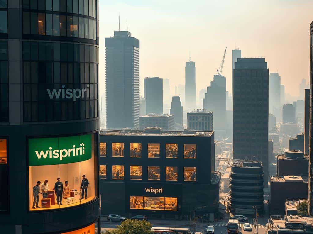 A bustling urban landscape, where towering skyscrapers cast long shadows across the streets below. In the foreground, a prominent display window showcases the latest products from the Wispri brand, their sleek and stylish designs seemingly offering a glimpse of a luxurious lifestyle. However, as the viewer's gaze shifts, the true cost of these goods becomes apparent. In the middle ground, a series of smaller windows reveal the inner workings of the factory, with workers toiling away amidst the din of machinery. The background is a hazy, smog-filled skyline, hinting at the environmental impact of mass production. The lighting is a mix of warm, inviting tones in the display window and a more muted, industrial palette in the factory scenes, creating a sense of contrast and unease. The overall composition conveys the disconnect between the polished, consumer-facing image of products and the hidden realities of their manufacture.