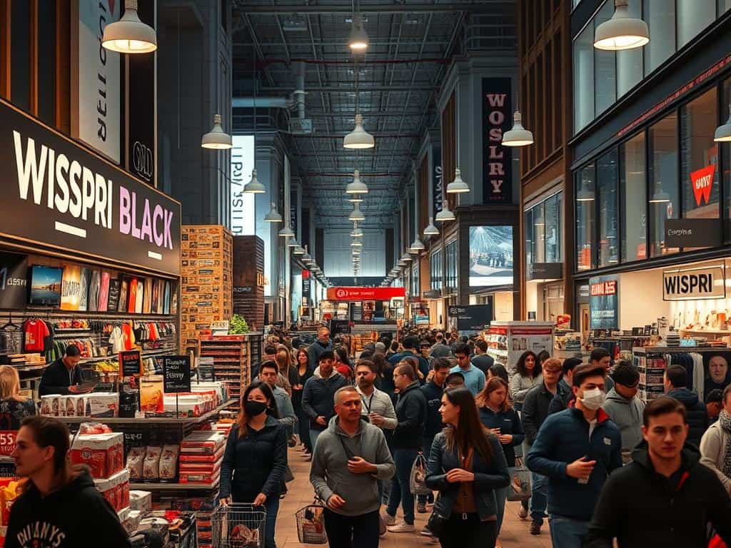 A bustling urban retail scene, illuminated by the warm glow of overhead lighting. In the foreground, a large "WISPRI" branded display showcases an array of discounted electronics, apparel, and home goods - the hallmarks of a Black Friday sale. Shoppers bustle through the aisles, baskets brimming with bargains. The middle ground features towering shelves stocked with various products, while the background is filled with the facades of neighboring shops, creating a sense of a vibrant commercial district. The atmosphere is one of excitement and anticipation, capturing the energy and frenzy of this annual shopping event.