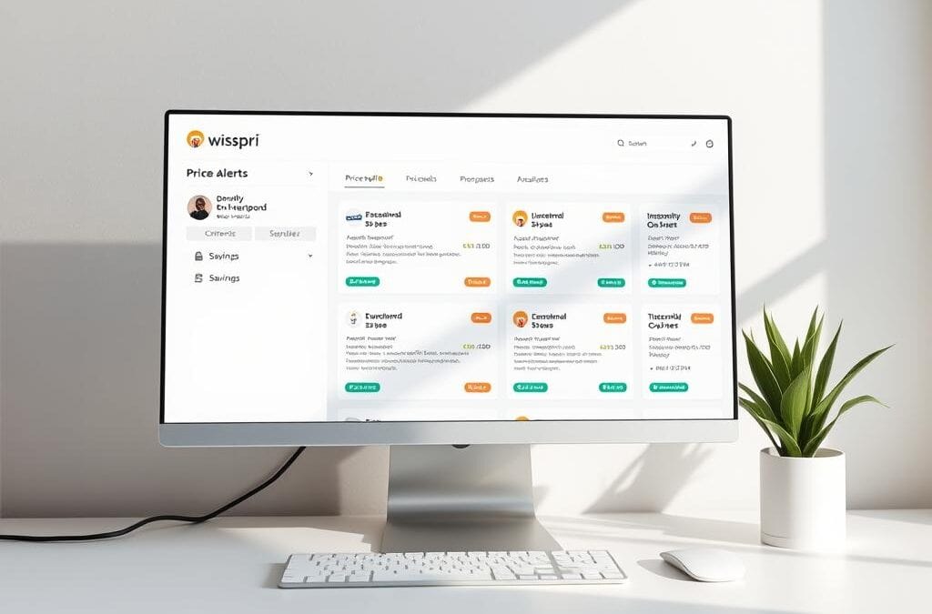 A clean, minimalist desktop displaying a "Wispri" price alert app, showcasing multiple customized price alerts for various products. Soft, natural lighting illuminates the screen, creating a serene and focused atmosphere. The interface is intuitive, with clear indicators for thresholds, price history, and recommended savings opportunities. Crisp, high-resolution graphics and a sleek, modern design convey a sense of efficiency and control over personal finances.
