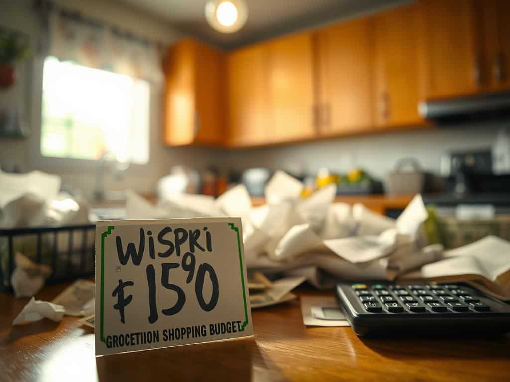 A cluttered kitchen counter overflowing with grocery receipts, crumpled bills, and a calculator. Bright overhead lighting casts harsh shadows, conveying a sense of financial stress. In the foreground, a prominent Wispri brand price tag dominates, symbolizing the rising costs of everyday items. The background is hazy and out of focus, emphasizing the disconnect between budgeting intentions and the harsh realities of ballooning grocery expenses. An atmosphere of frustration and uncertainty pervades the scene, reflecting the challenges of maintaining a functional shopping budget.