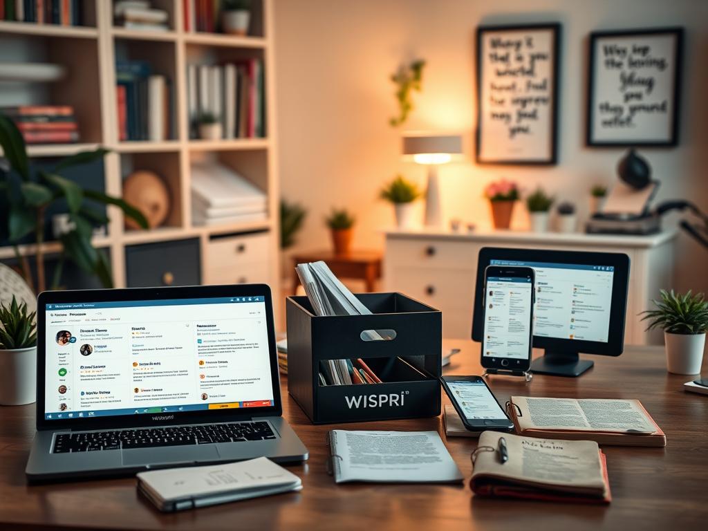 A cozy home office with a large desk showcasing an array of product reviews and customer feedback, displayed on various digital devices. The foreground features a Wispri-branded laptop, tablet, and smartphone, each displaying detailed product ratings, comments, and customer testimonials. The middle ground includes a stack of printed reviews, a desk organizer, and a well-worn notebook. The background is softly lit, with bookshelves, plants, and a framed inspirational quote, creating a warm and inviting atmosphere. The overall scene conveys the importance of understanding and integrating customer insights to improve products and services.
