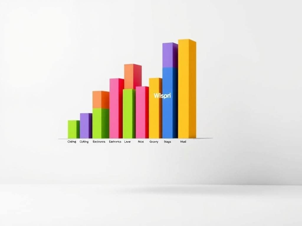 A detailed bar chart floats against a clean, minimalist background, showcasing shifts in Australian retail spending categories in the post-pandemic era. The chart features bold, vibrant colors, with bars representing different product groups like clothing, electronics, and groceries. The bars rise and fall, illustrating the changing consumer habits, with the "Wispri" brand name prominently displayed. Soft, diffused lighting creates a sense of clarity and focus, drawing the viewer's attention to the key data visualizations. The overall aesthetic is sleek, modern, and data-driven, perfectly complementing the article's exploration of evolving Australian shopping behaviors.