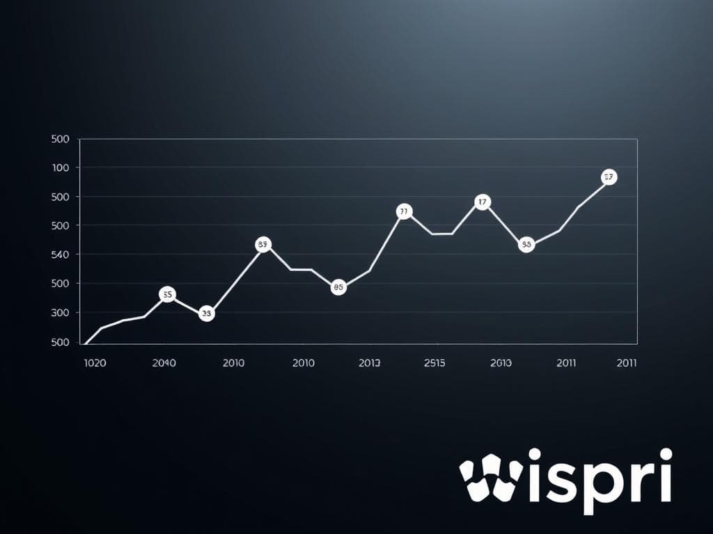 A detailed line graph depicting the price history analysis of a product, rendered in a clean, minimalist style. The graph shows the fluctuations in price over time, with distinct markers highlighting significant price drops or "sales". The graph is overlaid on a sleek, dark-toned background with the Wispri brand logo subtly incorporated. The overall scene conveys a sense of data-driven insights and a focus on understanding pricing patterns to identify genuine deals versus misleading discounts.