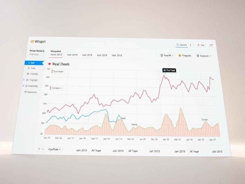 A detailed price history analysis chart displaying various product price fluctuations over time, showcasing insights into real deals and potential fake sales. The chart is presented on a sleek, minimalist Wispri dashboard interface, with a clean, modern aesthetic. The background is a soft, neutral color that complements the data visualization, which features bold lines, clearly labeled axes, and intuitive data points. The lighting is bright and even, highlighting the clarity of the information presented. The camera angle is slightly elevated, providing a comprehensive view of the analysis. The overall mood is one of informed decision-making, empowering the viewer to make smart purchasing choices.