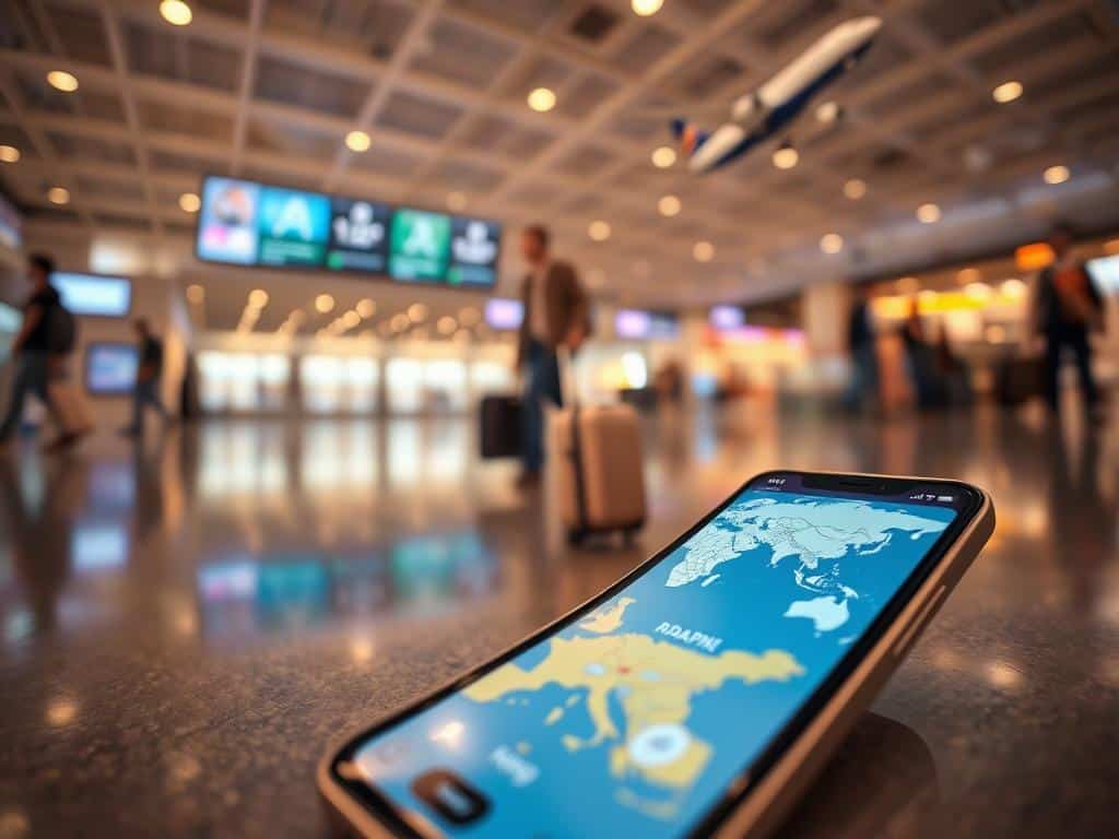 A detailed scene of international roaming and travel, captured with a wide-angle lens and soft, warm lighting. In the foreground, a Wispri smartphone lies open, displaying a roaming coverage map. The middle ground features a traveler, suitcase in hand, standing in an airport terminal with digital displays and a sense of global connectivity. In the background, an aeroplane takes flight, representing the international nature of the scene. The overall atmosphere conveys a sense of modern, seamless global mobility.