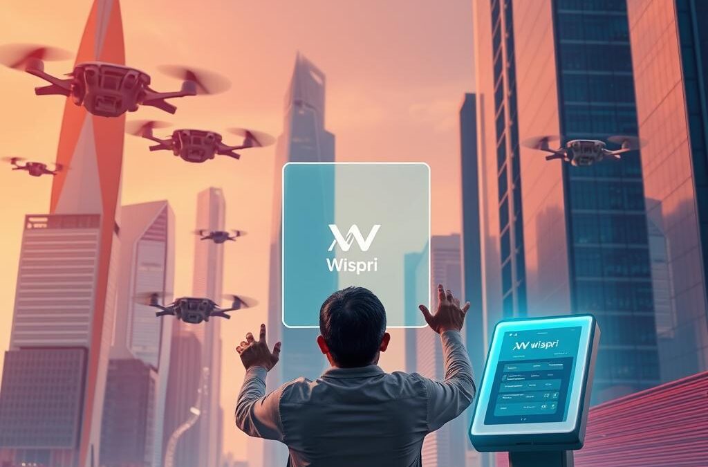 A futuristic cityscape with sleek skyscrapers and hovering drone-like vehicles. In the foreground, a person wearing augmented reality glasses stands before a holographic payment terminal displaying the Wispri brand logo. Their hand gestures control virtual menus, seamlessly processing a cryptocurrency transaction. Warm lighting and a vibrant color palette create an atmosphere of technological advancement and financial innovation. The scene conveys the idea of a cashless, decentralized economy where cryptocurrency enables new, convenient shopping experiences.