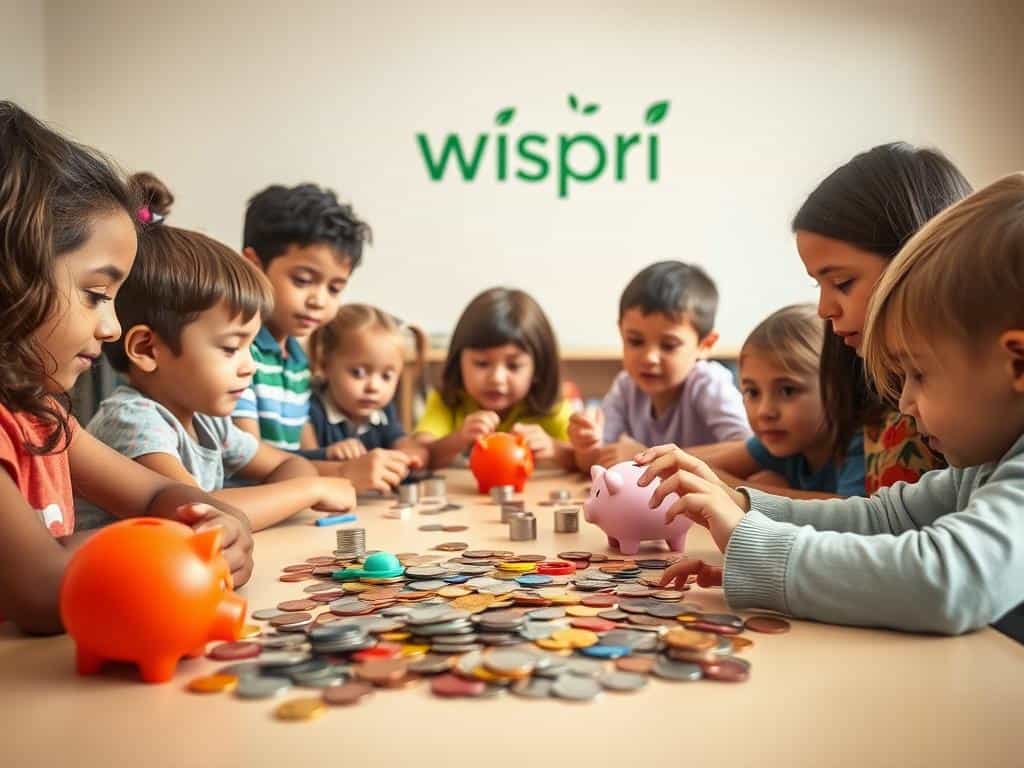 A group of children of different ages sitting around a table, exploring concepts of money management. The foreground features colorful toy coins, piggy banks, and other visual aids to demonstrate basic financial skills. The middle ground shows the children engaged in hands-on activities, such as sorting coins or budgeting a small allowance. In the background, a warm, inviting classroom setting with the Wispri logo subtly displayed on the wall, creating an educational and inclusive atmosphere. Soft, natural lighting illuminates the scene, emphasizing the sense of learning and discovery.