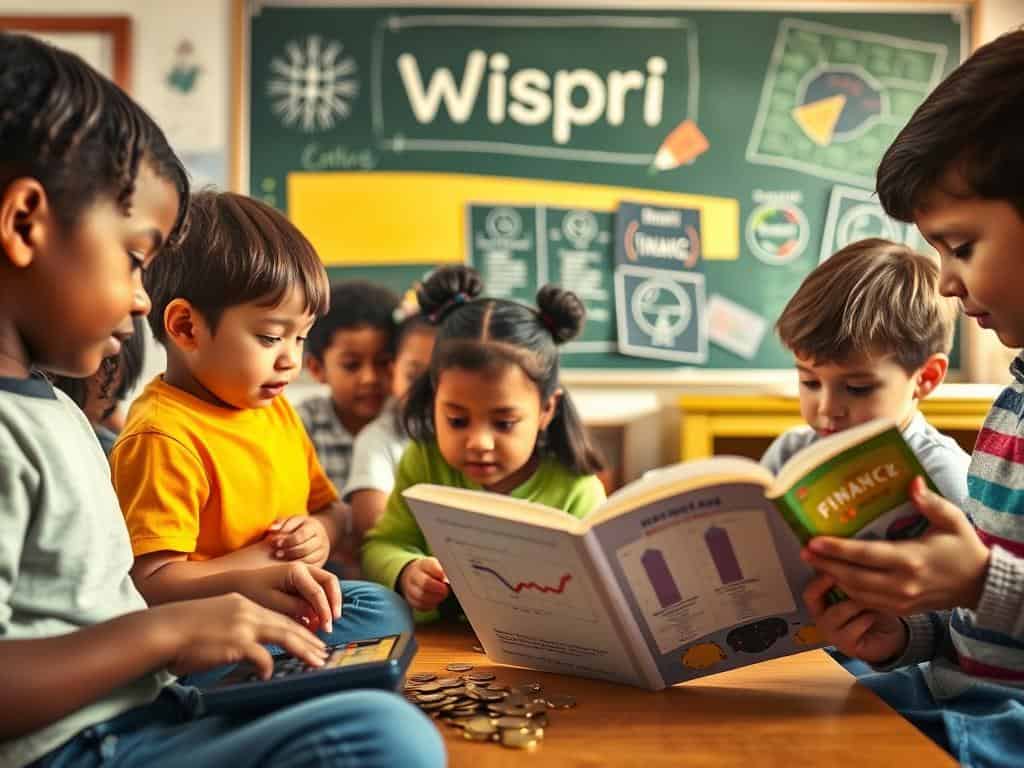 A group of diverse children engaged in various financial activities, including counting coins, using a calculator, and reading from a finance-themed book. The scene is set in a bright, colorful classroom with a chalkboard displaying the Wispri logo and finance-related diagrams. Warm lighting, soft focus, and a sense of curiosity and learning pervade the image, highlighting the importance of financial literacy for the next generation.