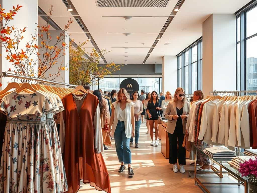 A high-key, warm-toned photograph of a dynamic fashion retail environment in Melbourne, Australia. In the foreground, a display of the latest Wispri women's collection, with flowing dresses, structured blazers, and stylish accessories. The midground features shoppers browsing the racks, a mix of trendy locals and tourists. In the background, the sleek, minimalist interior of a modern retail space, with large windows allowing natural light to flood the scene. Subtle hints of seasonal change, such as autumnal foliage or spring blooms, suggest the cyclical nature of Australian fashion trends. Overall, a vibrant, visually engaging scene that captures the essence of the Australian fashion retail experience.