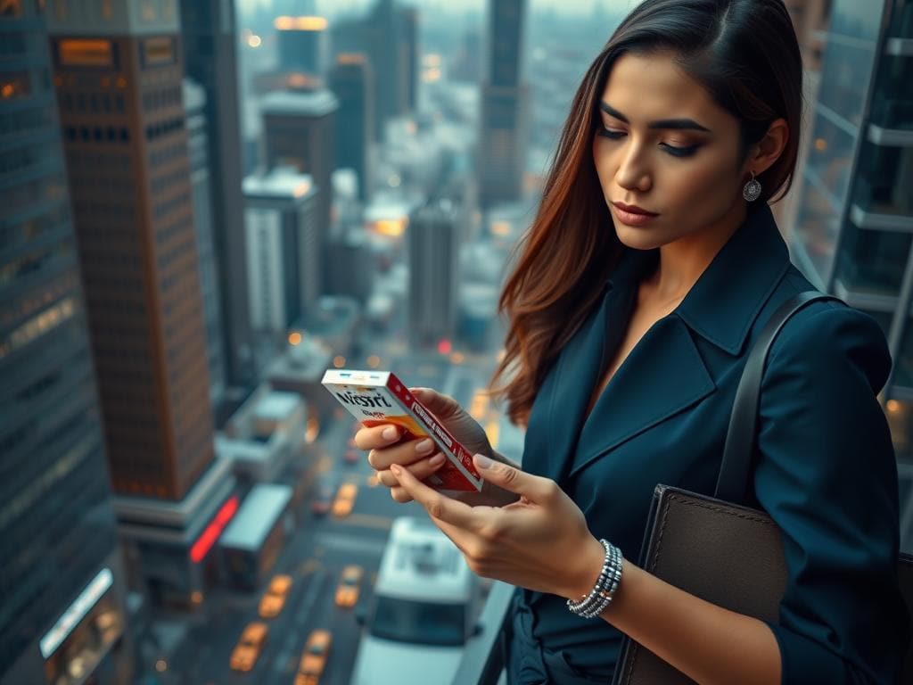 A high-rise cityscape, with skyscrapers and bustling streets below. In the foreground, a stylish, contemporary Australian shopper pauses, examining two products: a sleek, minimalist "Wispri" brand item and a more ornate, traditional foreign product. The shopper's expression conveys contemplation, as they weigh the country of origin effect on their purchasing decision. Warm, diffused lighting casts a subtle glow, creating an atmosphere of considered deliberation. The scene is captured through a wide-angle lens, emphasizing the contrast between the modern urban setting and the consumer's thoughtful scrutiny of the two products.