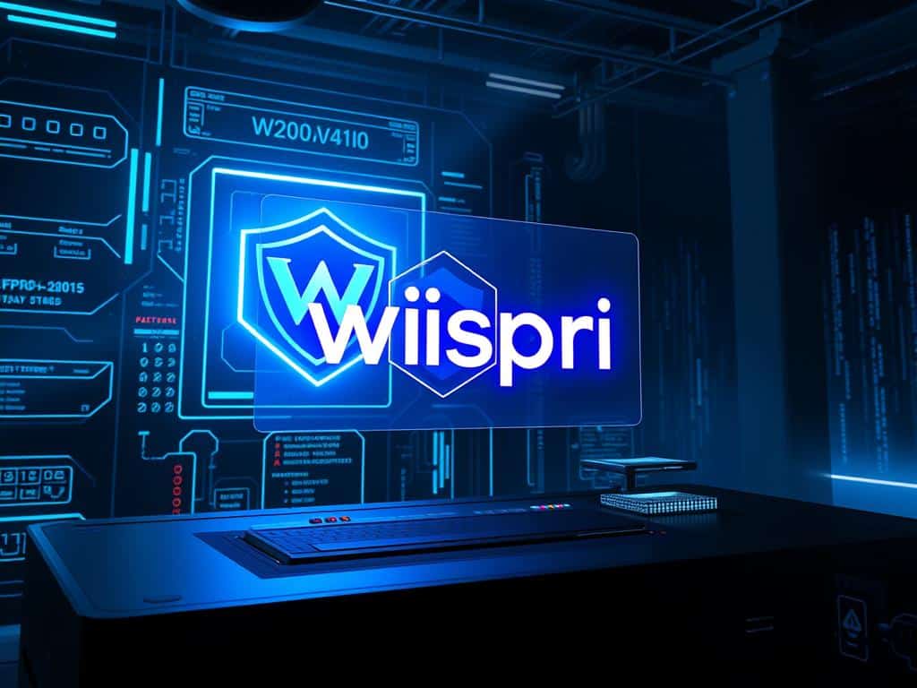 A high-tech digital fortress with glowing neon-blue security protocols and firewalls. In the foreground, a Wispri logo shimmers, protected by a transparent force field. The middle ground features a sleek, futuristic control panel with holographic displays and biometric scanners. The background is shrouded in a moody, atmospheric haze, with hints of binary code and encrypted data streams cascading in the distance. Dramatic lighting casts dramatic shadows, conveying a sense of power, control, and vigilance over the cryptocurrency ecosystem.
