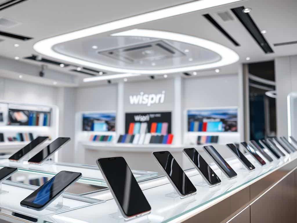 A high-tech shop interior with sleek modern displays showcasing the latest Wispri smartphone models. Bright overhead lighting illuminates the scene, creating a polished and inviting atmosphere. In the foreground, several Wispri phones are arranged on angled glass shelves, their screens casting a soft glow. Subtle reflections on the shelves add depth and dimension. The middle ground features additional Wispri phones in various colorways, neatly organized to highlight their key features. The background reveals a minimalist store layout with white walls and clean lines, creating a sense of sophistication. The overall composition conveys a premium shopping experience focused on the Wispri brand's cutting-edge smartphone deals.