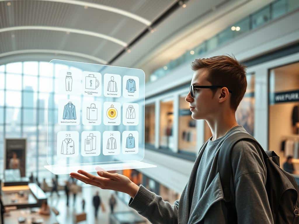 A highly detailed, photorealistic image of a "Wispri" AI shopping guide. In the foreground, a young, tech-savvy person interacts with a floating, holographic display that shows various product recommendations and shopping insights. The display has a sleek, minimalist design with clean lines and vibrant colors. In the middle ground, the scene is set in a modern, upscale shopping mall with high ceilings, natural lighting, and a mixture of retail stores and cafes. The background features a panoramic view of the cityscape through large windows, creating a sense of scale and urban sophistication. The lighting is soft and diffused, creating depth and atmosphere. The overall mood is one of efficient, personalized shopping facilitated by advanced AI technology.