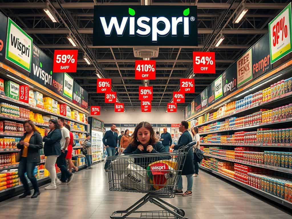 A large retail store with the Wispri brand sign prominently displayed. Inside, the shelves are stocked with various products, each adorned with eye-catching "SALE" and "DISCOUNT" signs. The lighting is slightly dimmed, creating a sense of urgency and the illusion of scarcity. Shoppers, immersed in the carefully curated environment, appear drawn in, their expressions a mix of excitement and confusion. In the foreground, a shopping cart stands alone, its contents carefully selected, yet the overall impression suggests that the true savings may not be as substantial as they seem.