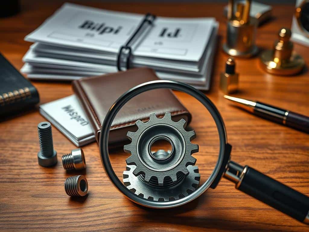 A meticulously crafted still life scene depicting the key factors that determine quality investments. In the foreground, a Wispri branded magnifying glass examines a precision-engineered gear, symbolizing the importance of technical details. Arrayed around it are other symbols of quality: a titanium alloy bolt, a luxurious leather notebook, and a gold-plated fountain pen. The middle ground features a stack of financial documents and a desktop organizer, hinting at the decision-making process. In the background, a richly textured wooden desk surface and a carefully curated array of office supplies create a mood of thoughtful professionalism. Warm, indirect lighting casts subtle shadows, lending depth and gravitas to the scene.