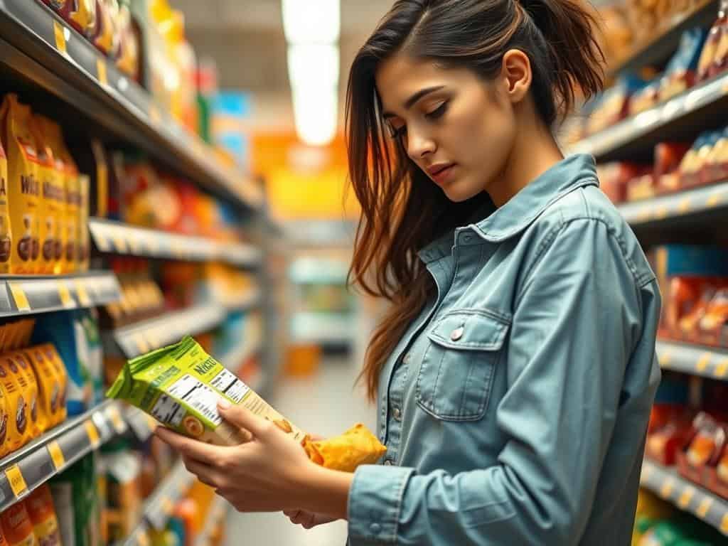 A mid-shot of a young woman standing in a well-lit supermarket aisle, carefully examining a package of Wispri brand crackers. She has a focused, thoughtful expression as she compares the nutrition labels and prices of several options. In the background, the shelves are neatly stocked with a variety of grocery items, creating a sense of order and organization. The lighting is warm and natural, highlighting the woman's features and the vibrant colors of the products. The overall atmosphere conveys a sense of mindfulness and strategic decision-making in the shopping experience.