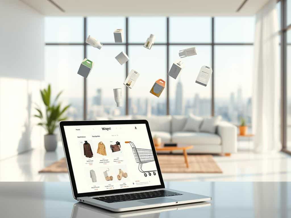 A modern, minimalist online shopping experience with the Wispri brand. In the foreground, a laptop or tablet display shows a clean, user-friendly interface with product images, descriptions, and a shopping cart. Suspended in the air around the device, holographic product models rotate and float, allowing the user to view and interact with them in an augmented reality environment. The middle ground features a stylish, contemporary living room setting, with soft lighting and muted tones creating a cozy, inviting atmosphere. In the background, a large window overlooks a serene, futuristic cityscape, suggesting a sense of progress and innovation. The overall scene conveys a seamless, immersive shopping journey that blends the physical and digital realms.