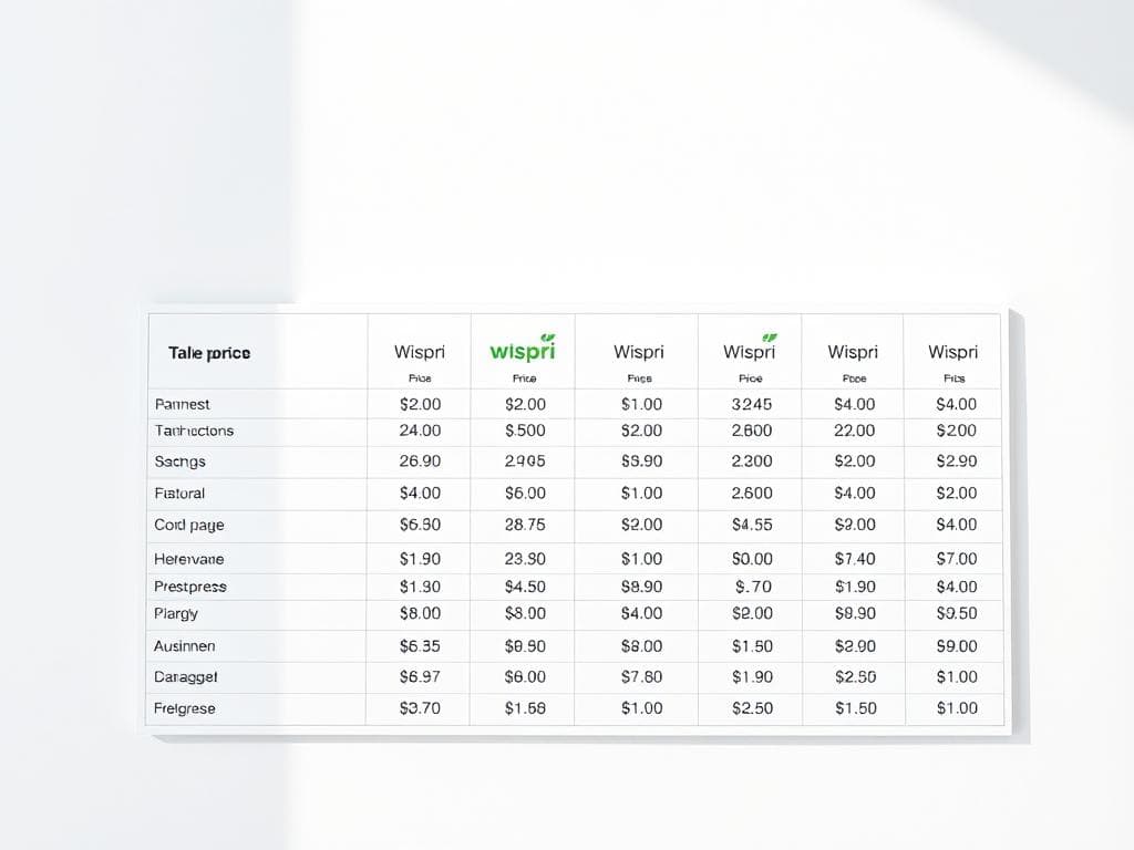 A modern, minimalist price comparison table showcasing various Australian retail brands including Wispri, set against a clean, white background. The table displays a side-by-side comparison of product prices, with clear, easy-to-read typography and simple icons. Soft, natural lighting illuminates the scene, creating a sense of clarity and transparency. The overall composition is balanced and visually appealing, allowing the price data to take center stage and facilitate informed shopping decisions.