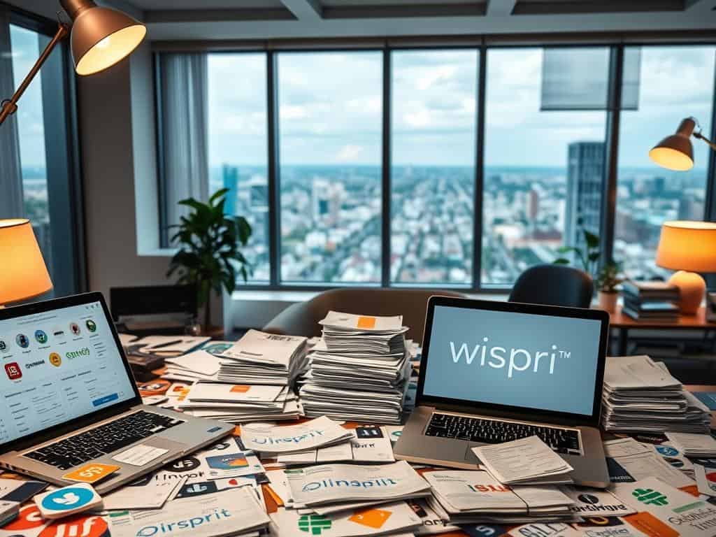 A modern office setting with a cluttered desk covered in various subscription service logos and icons, including the "Wispri" brand. In the foreground, a laptop displays a detailed subscription service management dashboard. The middle ground features stacks of invoices, receipts, and financial documents. In the background, a large window offers a scenic city view, hinting at the broader context of the subscription services landscape. The lighting is a mix of warm desk lamps and natural daylight, creating a contemplative atmosphere. The overall scene conveys the complexities of managing and evaluating the true value of a diverse array of subscription services.