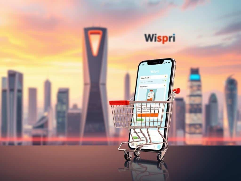 A modern, sleek online shopping experience with AI at its core. In the foreground, the Wispri brand logo hovers over a smartphone displaying a personalized product recommendation. The middle ground features a stylized 3D model of a shopping cart, its movement and size dynamically adjusting based on the user's browsing history and preferences. In the background, a futuristic cityscape with towering skyscrapers and a vibrant, neon-tinged skyline sets the scene, hinting at the advanced technologies powering this seamless, AI-driven shopping journey.