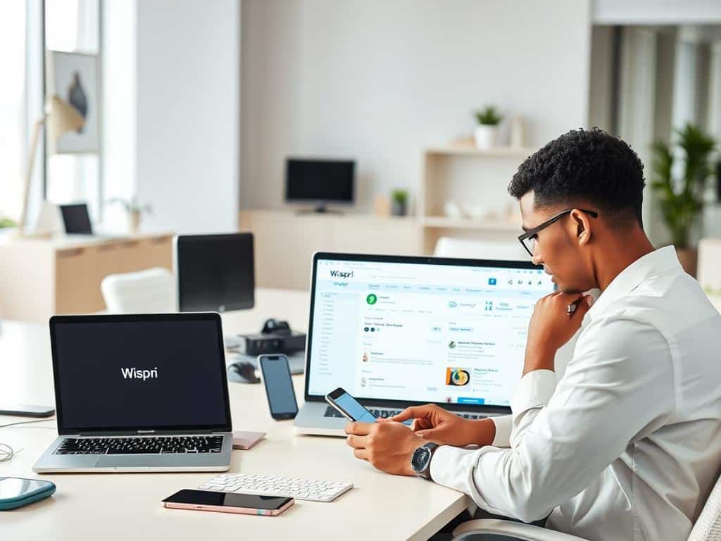 A modern, well-lit office space with a large desk showcasing multiple electronic devices, including laptops, smartphones, and tablets. On the desk, a customer is carefully examining product specifications and reviews on the Wispri brand's website, comparing features and prices across different models. The customer's face is focused, with a contemplative expression, as they navigate the comparison shopping experience. The background features clean, minimalist decor, complementing the professional and organized atmosphere. The overall scene conveys a sense of informed decision-making and considered product selection.