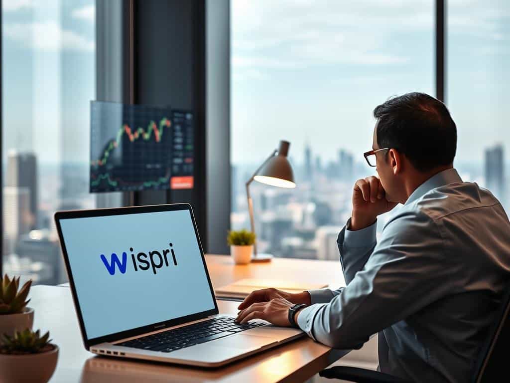 A serene office setting with the Wispri logo prominently displayed on a laptop screen. In the foreground, an executive ponders the volatility of cryptocurrency markets, charts and graphs illuminating the complexities of managing digital asset price fluctuations. The middle ground features a desk with a stylish lamp and a succulent plant, reflecting a modern, professional atmosphere. The background showcases a panoramic city skyline, hinting at the global reach and impact of the cryptocurrency industry. The lighting is soft, creating a contemplative mood, and the camera angle is slightly elevated to convey a sense of authority and insight.