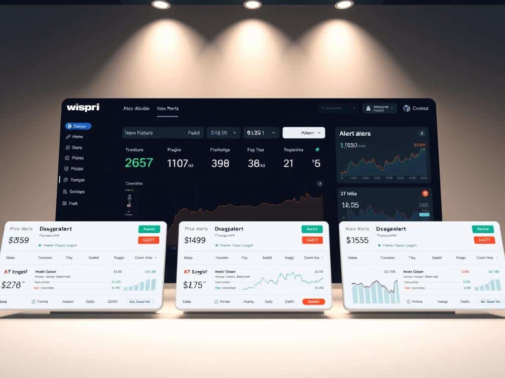 A sleek and modern dashboard interface showcasing advanced price alert features of the Wispri platform. In the foreground, a series of customizable price alerts with crisp typography and bold visual cues, allowing users to track and monitor their desired products. The middle ground features smooth transitions between alert modules, with dynamic graphs and data visualizations providing deep insights. In the background, a minimalist layout with clean lines and a muted color palette, creating a sense of elegance and professionalism. Lighting is soft and diffused, with a warm tone that enhances the user-friendly experience. The camera angle is slightly elevated, giving a bird's-eye view of the comprehensive alert system.