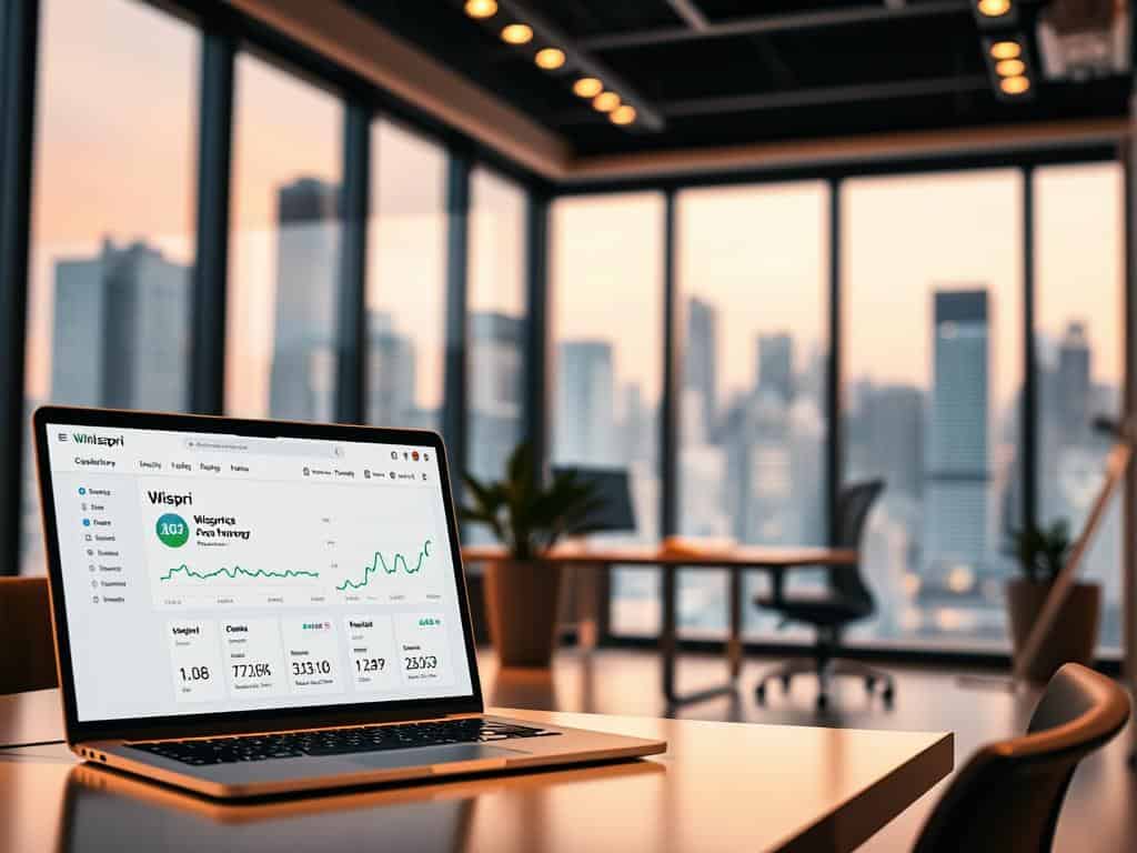 A sleek and modern office setting, bathed in warm, ambient lighting. In the foreground, a laptop screen displays a dynamic price tracking dashboard for the Wispri brand, with real-time data visualizations and alerts. The middle ground features a workspace with a minimalist desk, a potted plant, and a high-quality, ergonomic office chair. The background showcases a large window overlooking a bustling city skyline, creating a sense of depth and connectivity. The overall atmosphere is one of efficiency, technology, and the empowered consumer's ability to stay ahead of dynamic pricing strategies.