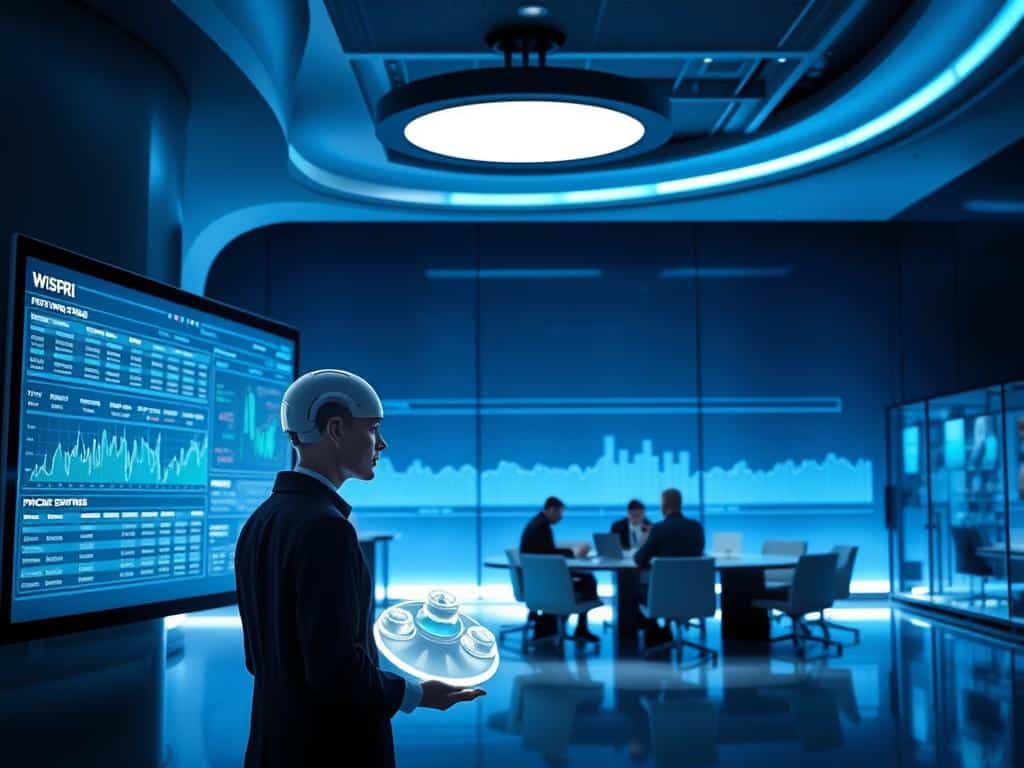 A sleek, futuristic office interior with a large, curved display showcasing real-time price tracking data. In the foreground, a Wispri AI assistant monitors the data, its holographic interface glowing softly. The middle ground features a team of analysts collaborating around a conference table, studying the insights provided by the AI. The background is bathed in cool, blue-tinted lighting, creating an atmosphere of technological sophistication. The scene conveys the power of AI-driven price tracking to empower consumers and protect their wallets.