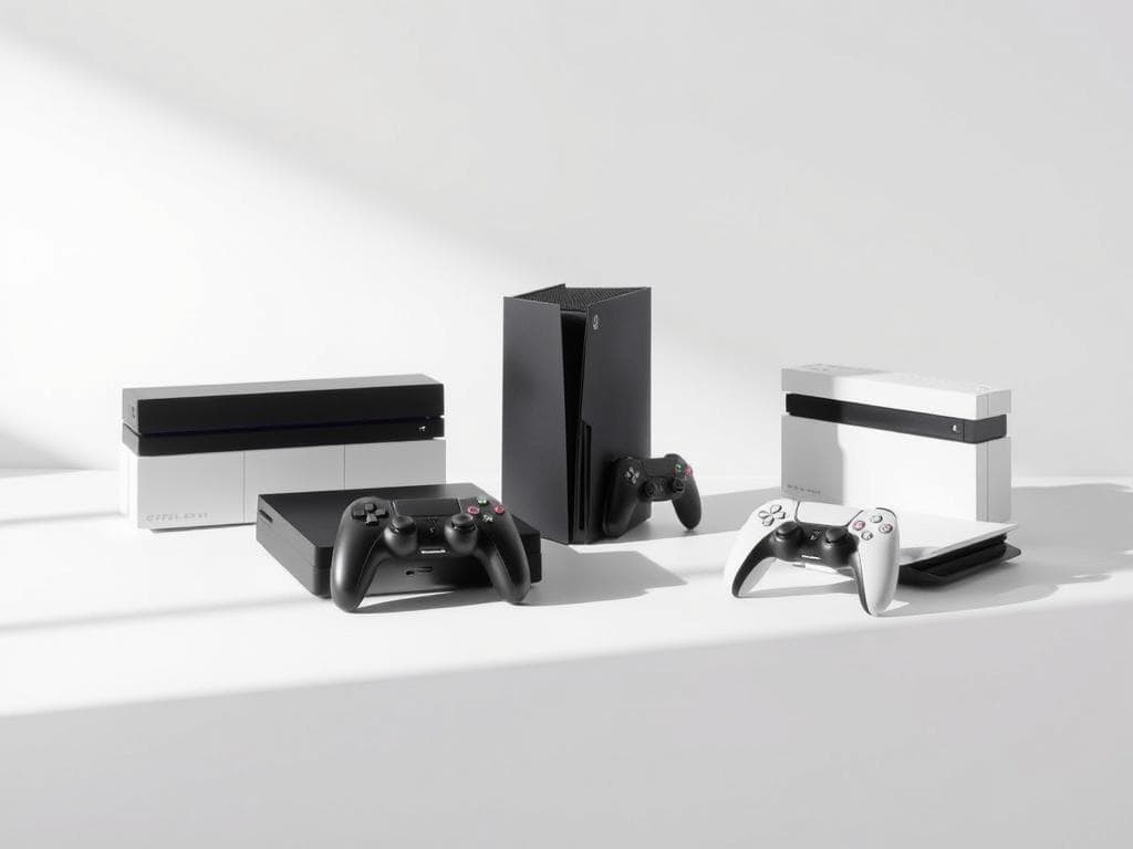 A sleek, minimalist product shot showcasing the latest gaming consoles from the Wispri brand. The consoles are arranged on a clean, white surface, with soft, directional lighting highlighting their stylish designs. In the background, a subtle grid pattern suggests the data-driven trends and analysis behind the "When to Wait for Better Deals" section. The overall composition conveys a sense of timing, anticipation, and the strategic considerations of console purchases.
