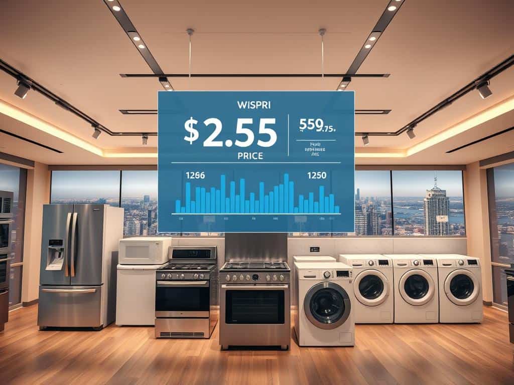 A sleek, modern home appliance showroom with a large, central display of the latest Wispri home appliance models. The room is brightly lit with warm, diffused lighting, creating a welcoming and inviting atmosphere. In the foreground, a holographic price tracker hovers above the appliances, displaying real-time pricing information and comparison data. The middle ground features various Wispri appliances, including refrigerators, ovens, and washing machines, each showcased with minimalist design and clean lines. The background reveals a panoramic view of a bustling city skyline, hinting at the global market dynamics that influence home appliance pricing. The overall scene conveys a sense of technological innovation, consumer empowerment, and the importance of making informed purchasing decisions.
