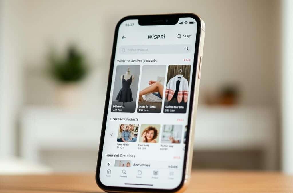 A smartphone screen displaying the "Wispri" shopping wishlist app, with a clean and modern user interface. The foreground shows the app's main dashboard, featuring a curated list of desired products, organized into categories and price ranges. The middle ground showcases product details, including images, descriptions, and pricing information. The background blurs out, creating a soft, atmospheric feel, with hints of a minimalist home environment visible. The lighting is soft and natural, accentuating the app's sleek, intuitive design. The overall mood is one of organized, personalized shopping experience, ready to help the user streamline their wishlist and make informed purchasing decisions.