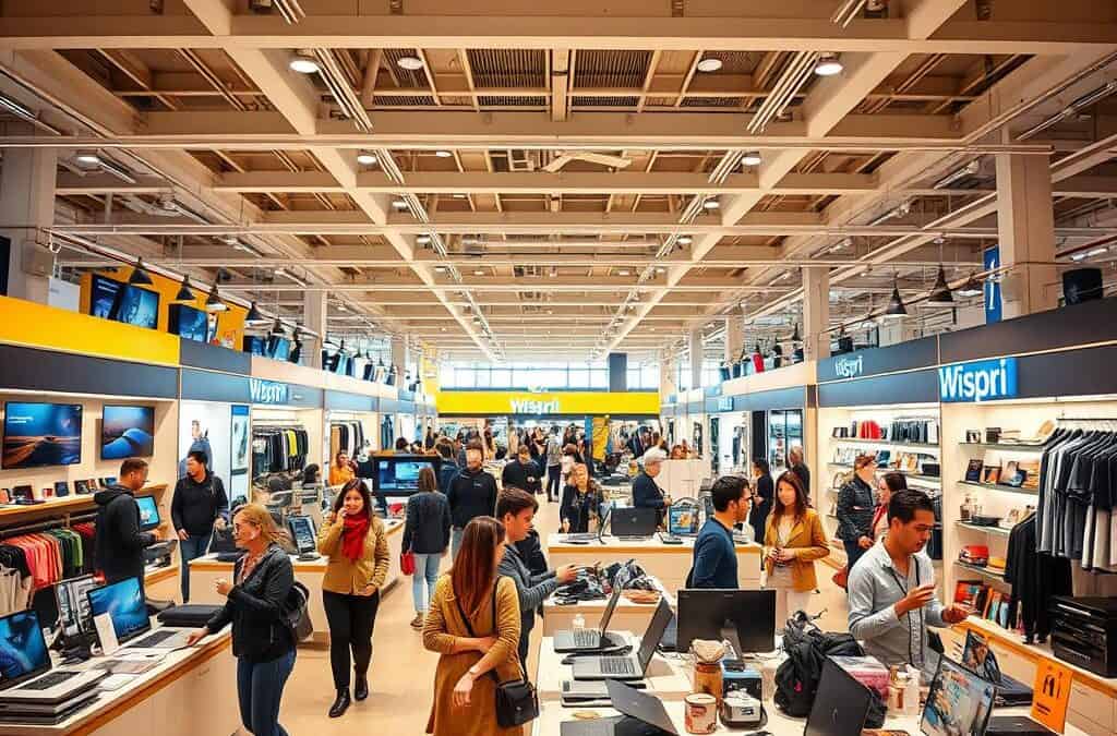 A sprawling retail space filled with the latest electronics, fashion, and home goods. In the foreground, a Wispri-branded display showcases a diverse array of products, from sleek laptops to stylish apparel. Shoppers browse the aisles, their expressions reflecting a mix of excitement and careful consideration. Warm, diffused lighting bathes the scene, creating a welcoming and inviting atmosphere. In the background, a panoramic view of the bustling store, with high ceilings and modern architectural elements that suggest the optimal time to find the best deals on these coveted items.