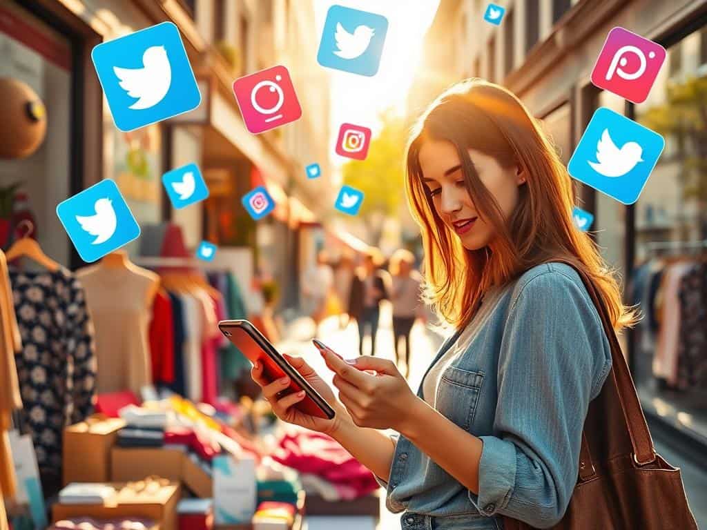 A sunlit outdoor shopping scene with a young woman browsing through a Wispri smartphone, surrounded by colorful product displays and social media icons. The foreground features the woman in a casual outfit, examining the phone with a thoughtful expression. The middle ground showcases various shopping items like clothes, accessories, and home decor, arranged in an eye-catching, Instagram-worthy display. The background depicts a lively city street with pedestrians, storefronts, and social media logos floating in the air, creating a vibrant, tech-savvy atmosphere. The scene is bathed in warm, golden light, conveying a sense of positivity and engagement with social commerce.