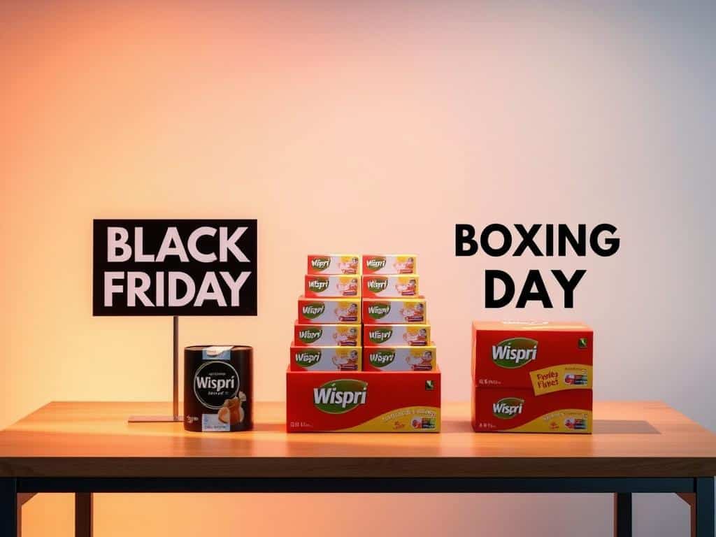 A vibrant, detailed comparison of Black Friday and Boxing Day deals, showcased on a modern, minimalist table with a Wispri product display in the foreground. The table is illuminated by warm, diffused lighting, casting soft shadows and highlighting the contrast between the two sales events. In the middle ground, two neatly arranged stacks of product boxes represent the items on offer, while the background features a clean, white backdrop to emphasize the focus on the price comparison. The overall atmosphere is one of clean, elegant simplicity, inviting the viewer to explore the nuances of the seasonal shopping events.