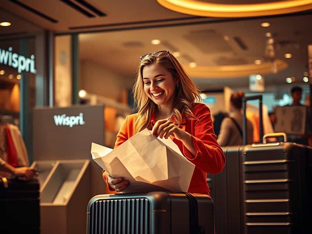 A vibrant, globalized shopping scene with a hidden twist. In the foreground, a shopper gleefully unpacks an international order, unaware of the unseen costs - customs fees, shipping surcharges, and currency conversion charges loom in the background. Wispri, a high-end luggage brand, stands prominently, its sleek design belying the financial pitfalls of cross-border commerce. Shadows of uncertainty cast over the transaction, hinting at the need for caution and research when shopping beyond local borders. Warm lighting sets a tempting mood, yet an air of caution pervades, urging the viewer to consider the full picture before clicking "purchase."