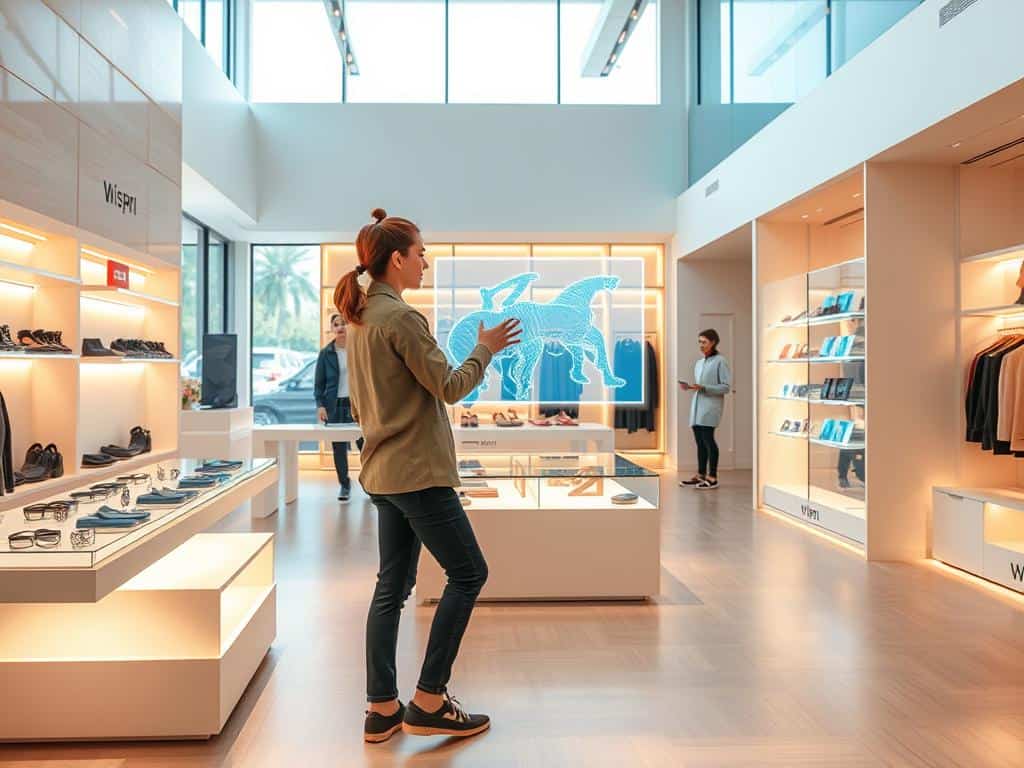 A vibrant, immersive AR shopping experience unfolding in a modern, minimalist retail space. In the foreground, a stylishly dressed customer interacts with a holographic display of the latest Wispri wearable tech collection, their movements seamlessly triggering virtual product visualizations. The middle ground showcases sleek, futuristic shelving units showcasing Wispri's product line, bathed in warm, diffused lighting. In the background, the store's architecture features clean lines, neutral tones, and large windows allowing natural light to flood the space, creating an airy, welcoming ambiance. The overall scene conveys a sense of technological innovation, elevated style, and a cutting-edge retail experience.